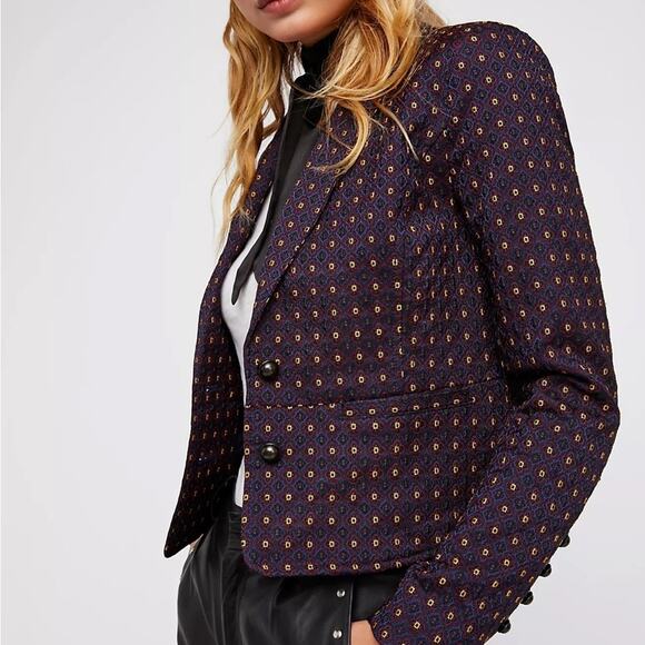 Free People Shrunken Jacquard Jacket Blazer Navy Maroon Geometric SMALL - Picture 2 of 11
